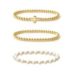 IMBOS Gold Bracelets for Women 14K Gold Plated Cross Bracelet Strand Bead Ball Bracelets stack Set Chunky Chain Bracelet Trendy Adjustable Jewelry Sets for Womens Gifts - Image 2