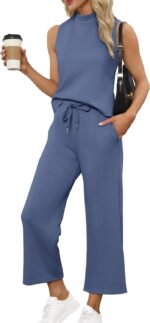 SAMPEEL Two Piece Sets for Women Summer Outfits Lounge Sets Mock Neck Tops Wide Leg Crop Pants Vacation Travel Outfits - Image 2
