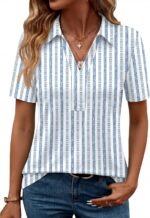 ZHENWEI Women's Short Sleeve V-Neck Polo Shirts Business Casual Work Collared Tops Dressy Johnny Collar Cute Blouses - Image 2