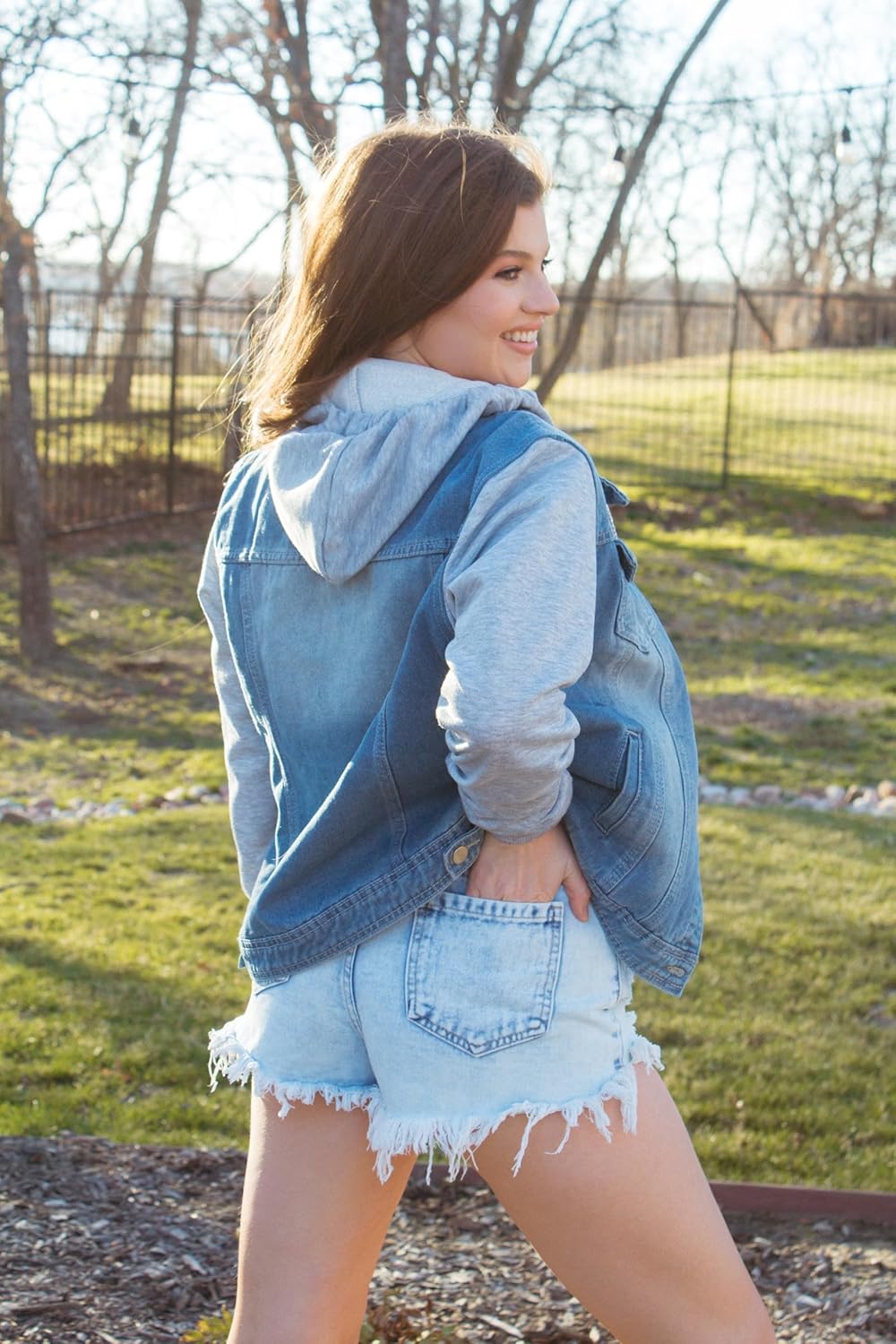 J.Corrine Women's Classic Casual Hooded Denim Jacket Drawstring Vintage Washed Jean Jacket Sweatshirt with Pockets - Image 3
