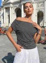 Acelitt Women's Striped Off Shoulder T Shirt Casual Short Sleeve Boat Neck Ruched Summer Tops Loose Fit Asymmetrical Blouse - Image 3
