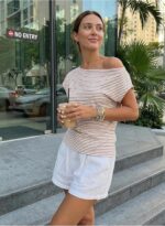 Acelitt Women's Striped Off Shoulder T Shirt Casual Short Sleeve Boat Neck Ruched Summer Tops Loose Fit Asymmetrical Blouse - Image 5