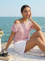 Acelitt Women's Striped Off Shoulder T Shirt Casual Short Sleeve Boat Neck Ruched Summer Tops Loose Fit Asymmetrical Blouse - Image 9