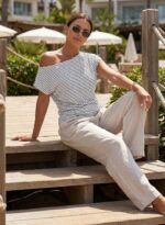 Acelitt Women's Striped Off Shoulder T Shirt Casual Short Sleeve Boat Neck Ruched Summer Tops Loose Fit Asymmetrical Blouse - Image 10