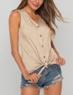 Women's Tie Knot Button Down Shirts Sleeveless Casual Blouse Curved Hemline Tops S-XXL - Image 8
