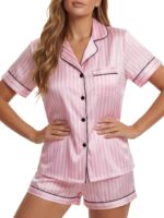 LYANER Women's Satin Silky Pajamas Set Short Sleeve Button Shirt with Shorts Pjs Sleepwear Loungewear - Image 3