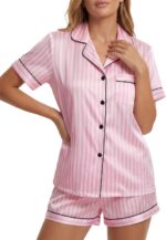 LYANER Women's Satin Silky Pajamas Set Short Sleeve Button Shirt with Shorts Pjs Sleepwear Loungewear - Image 4