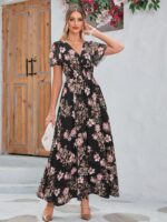 Simplee Women's Boho Floral Maxi Dress Flowy Casual V Neck Short Sleeve Wedding Guest Holiday Beach Long Dress - Image 3