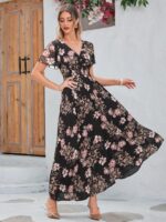 Simplee Women's Boho Floral Maxi Dress Flowy Casual V Neck Short Sleeve Wedding Guest Holiday Beach Long Dress - Image 4