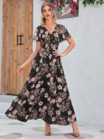Simplee Women's Boho Floral Maxi Dress Flowy Casual V Neck Short Sleeve Wedding Guest Holiday Beach Long Dress - Image 6