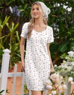 Ekouaer Nightgowns for Women Lace Trim Night Gown Short Sleeve Sleep Shirts Ruffle Sleepwear V Neck Pleated Sleep Dress - Image 6