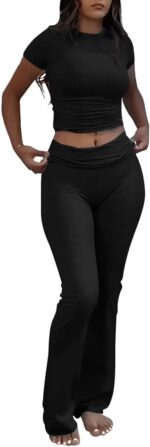 AYWA Women's 2 Piece Lounge Sets Short Sleeve Crop Top Foldover Flare Pants Casual Pajama Outfits - Image 2