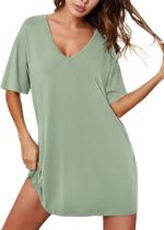 Ekouaer Nightgowns for Women Bamboo Viscose Sleepshirt Short sleeve Nightshirt V Neck T shirt Night gown Boyfriend Sleepwear - Image 2
