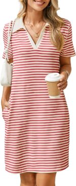 Glamaker Women T Shirt Summer Dress Casual Business Mini Loose V-Neck Short Sleeve Striped Dresses Pockets 2025 Trendy - Image 2