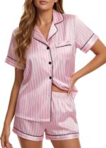 LYANER Women's Satin Silky Pajamas Set Short Sleeve Button Shirt with Shorts Pjs Sleepwear Loungewear - Image 2
