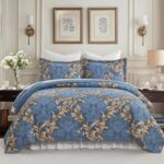 Queen Size Quilt Set - Blue and Brown Quilt Queen, 100% Cotton Damask Bedspread Set 3 Piece, Classic Elegant Lightweight Comforter, Reversible Quilt Bedding Set for All Season - Image 2