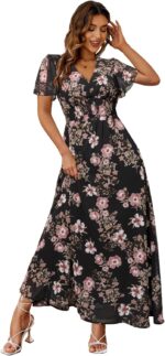 Simplee Women's Boho Floral Maxi Dress Flowy Casual V Neck Short Sleeve Wedding Guest Holiday Beach Long Dress - Image 2
