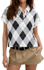 Tankaneo Womens Striped Polo Shirts Summer Short Sleeve Rugby Shirt Oversized Cotton Collared Casual Loose Cropped Tee Tops - Image 2